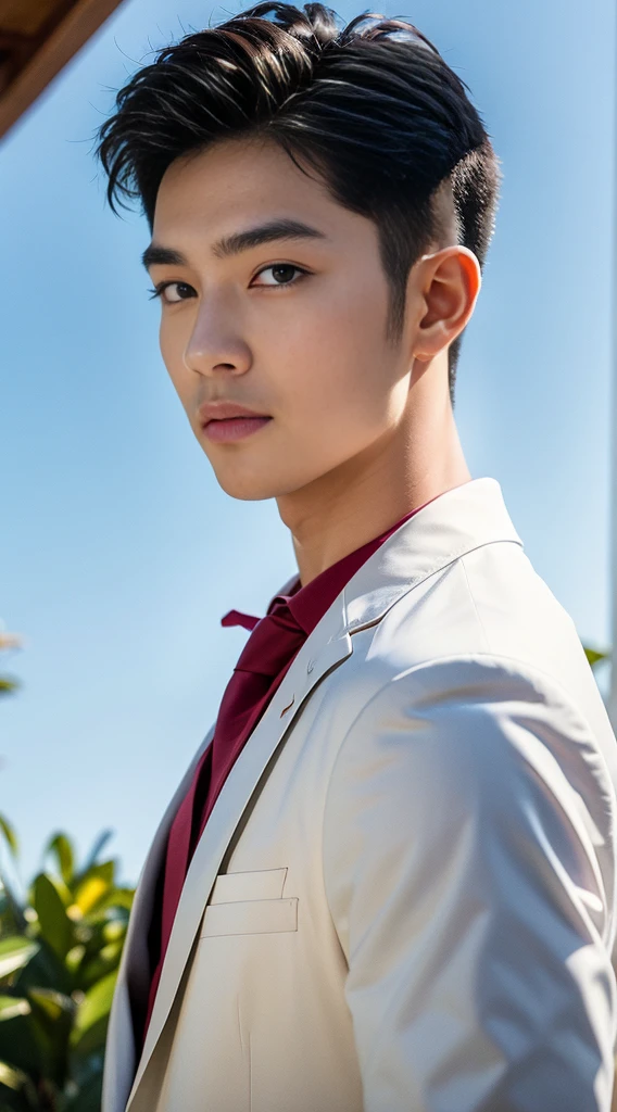 (realistically, Masterpiece, High resolution 8K, good light quality, Portrait, closed on face, complicated details), Handsome Korean Uncle, Beard,Age 40, Staring at desire, detailed face, Detailed eyes, look at the sky, shirt, suit lac suit,tick,黑Eyes, (Pale skin), body standards,brown hair, smooth hair,Big Back, Outdoor activities, evening, sunset,office room, Exaggerated, impersonal