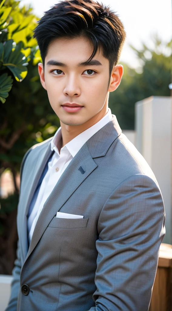 (realistically, Masterpiece, High resolution 8K, good light quality, Portrait, closed on face, complicated details), Handsome Korean Uncle, Beard,Age 40, Staring at desire, detailed face, Detailed eyes, look at the sky, shirt, suit lac suit,tick,黑Eyes, (Pale skin), body standards,brown hair, smooth hair,Big Back, Outdoor activities, evening, sunset,office room, Exaggerated, impersonal