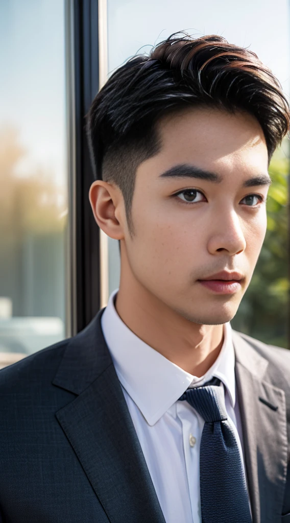 (realistically, Masterpiece, High resolution 8K, good light quality, Portrait, closed on face, complicated details), Handsome Korean Uncle, Beard,Age 40, Staring at desire, detailed face, Detailed eyes, look at the sky, shirt, suit lac suit,tick,黑Eyes, (Pale skin), body standards,brown hair, smooth hair,Big Back, Outdoor activities, evening, sunset,office room, Exaggerated, impersonal