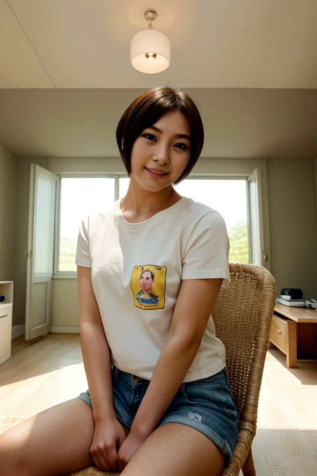 Beautiful woman、young、20-year-old、short hair、T-Shirts、Shorts、summer、smile、living room、Sit on a chair、Asahi、Bright atmosphere、cheerful personality、Beautiful scenery、Famous actress、model、Small face、Big round eyes、Small Mouth