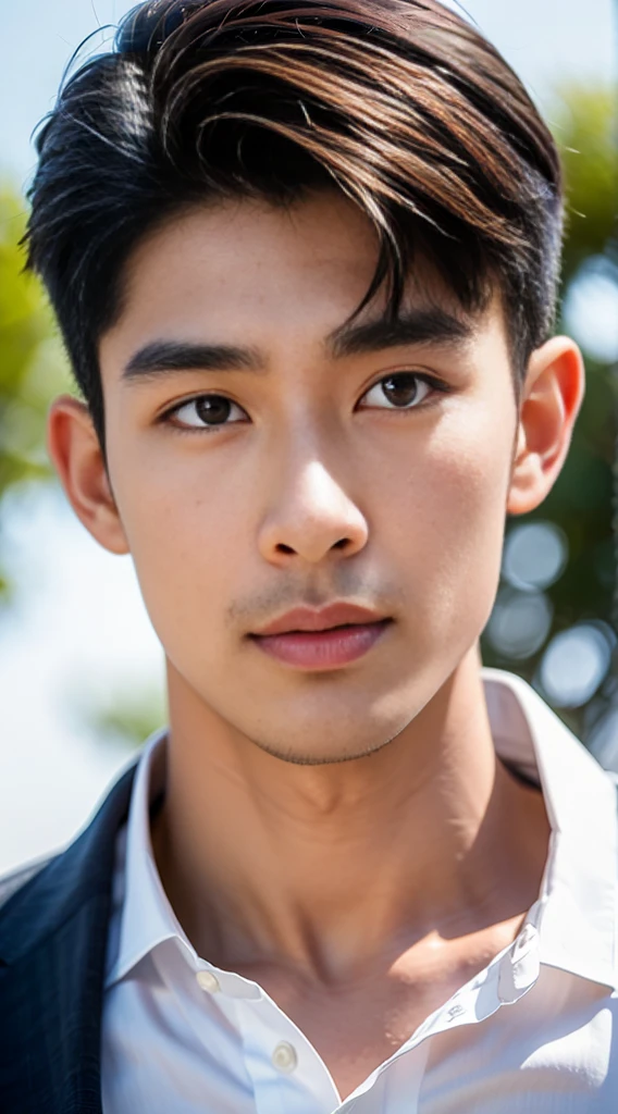 (realistically, Masterpiece, High resolution 8K, good light quality, Portrait, closed on face, complicated details), Handsome Korean Uncle, Beard，Age 40, Staring at desire, detailed face, Detailed eyes, look at the sky, shirt, suit lac suit，tick,黑Eyes, (Pale skin), body standards,brown hair, smooth hair,Big Back， Outdoor activities, evening, sunset,office room, Exaggerated, impersonal