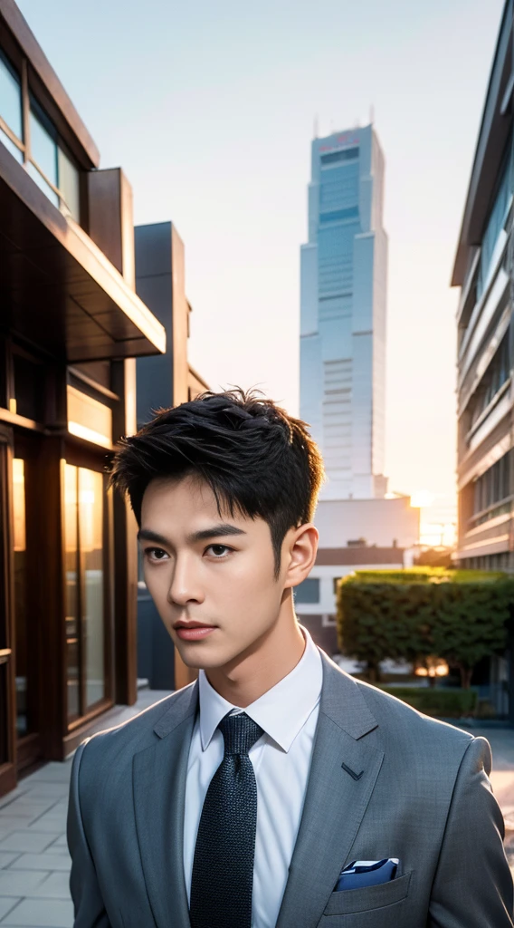 20-year-old refreshing and handsome new employee、　（Super cool S-class guy in a suit）、　20 years old Chinese boy、　merchant、　Ultra-luxurious suit、　Suit with stripes、　s Office、　Stand in a suitＳYoung handsome man、　Full body photo、　（Highly detailed photo of CG Unity 8K）、　（A highly detailedＳHandsome man in the class）、　（photoreali）、　　（（top-quality））、　ultra - detailed、　（tmasterpiece）、　super high image quality、　Tall、　peeping at the viewer、　Gentle man、　Very beautiful hair、　Shorthair、　Bright photo、　Handsome like a model、　Handsome as an idol、　luxury watches、　Cool Band、　Chinese big breasts