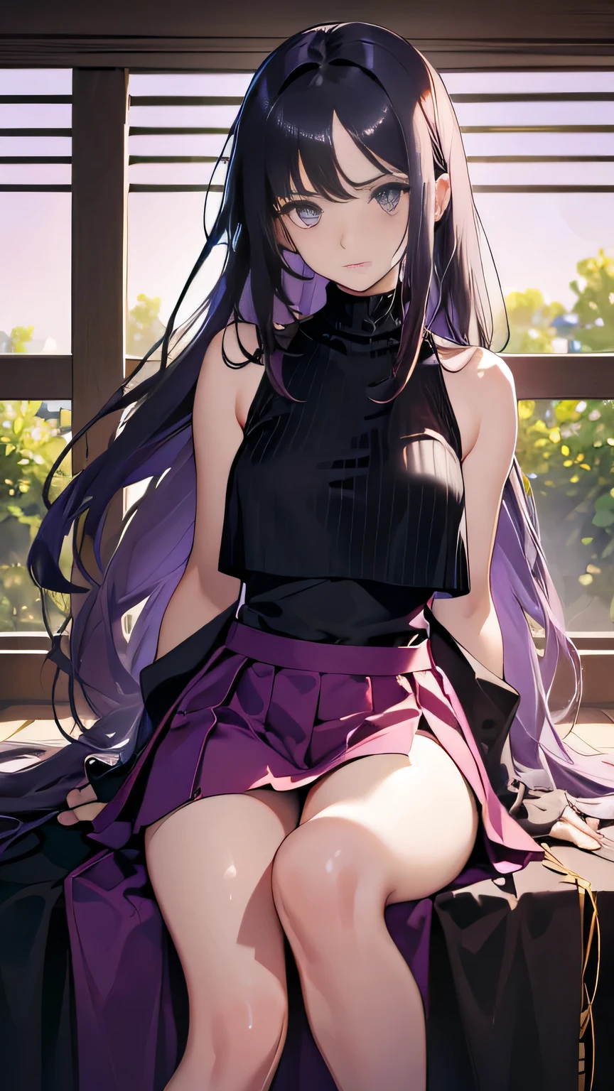 ((masterpiece)), accurate, high details, (detailed eyes), best quality, highres, super detail, Turtleneck sweater, sleeveless, flare skirt, (lavender colored clothing), black hair, long hair, straight hair, mole under eye, Inside the room, afternoon sun, ((put her hands behind her back)), from back, Looking up at me