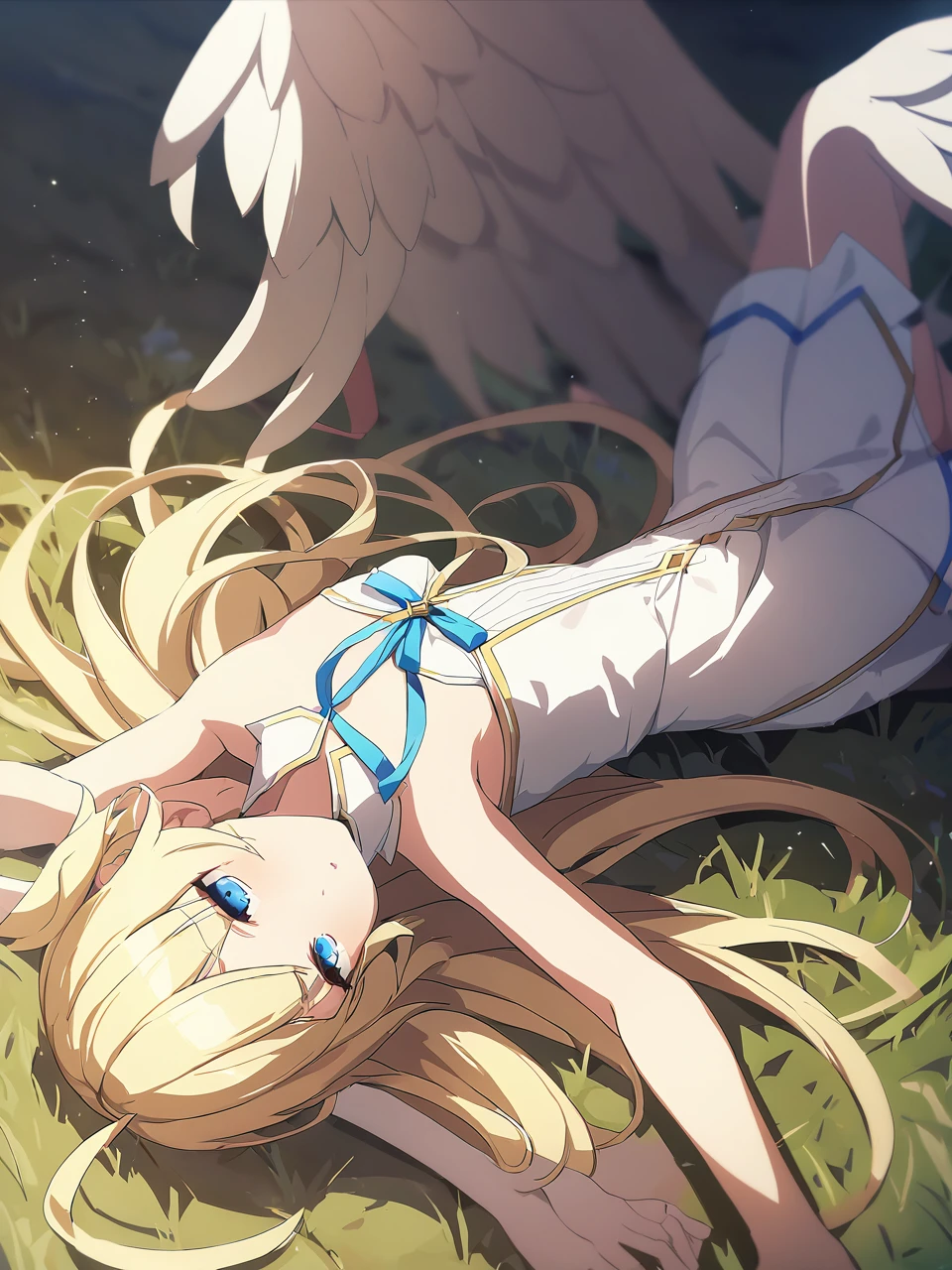 Zaora, blue eyes, (Variegated eyes:0.5), Blonde, Very long hair, Twin Blade, bangs, Ahoge, Hello, Angel, Flat Chest, White Dress, Belly button cutout, Detachable collar, Strapless, Neck ribbon, Bare shoulders, Angel wings, barefoot, One girl, Solo Break Space, grassland, Lying down, Upper Body, Depth of written boundary, Cinematic, masterpiece, Highest quality, Game CG