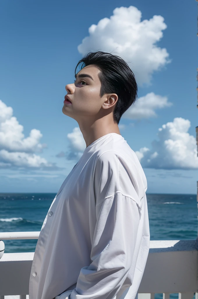 A young man in a shirt stood by the sea with a serious expression., looking into the distance，Eyebrows frowned.，He looked worried.，Turn your head slightly.，Cloudy day