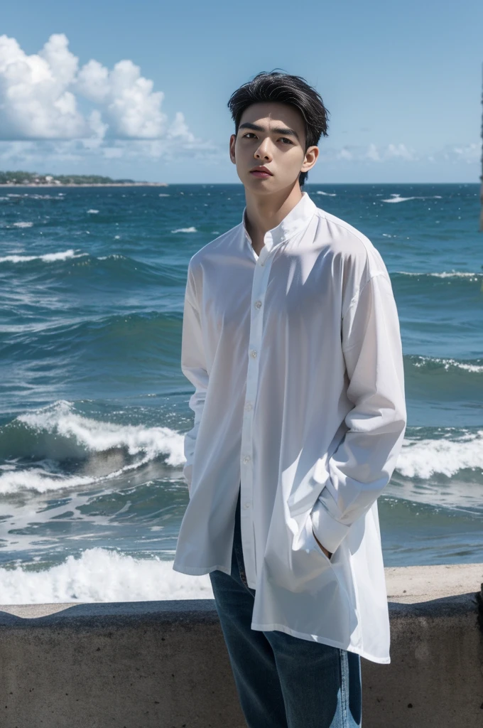 A young man in a shirt stood by the sea with a serious expression., looking into the distance，Eyebrows frowned.，He looked worried.，Turn your head slightly.，Cloudy day