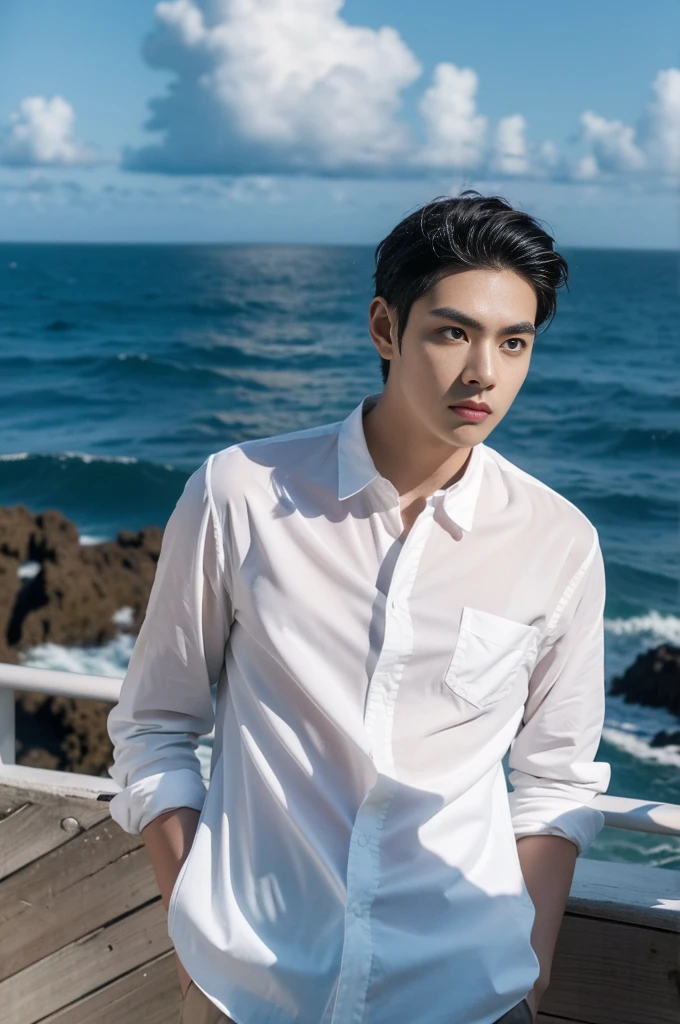 A young man in a shirt stood by the sea with a serious expression., looking into the distance，Eyebrows frowned.，He looked worried.，Turn your head slightly.，Cloudy day