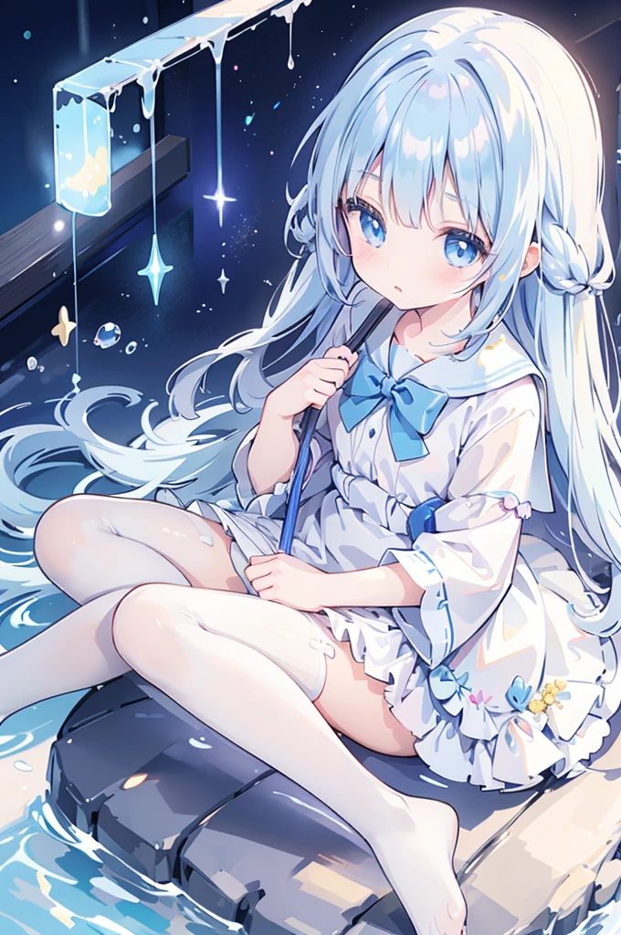 mermaidモチーフのMagical girl、Highest quality、Loriータ、Confused eyes、Primary school students、small、Lori、Young Girl、Water Manipulation Magic、水を司るMagical girl、beautiful girl、cute、Full-body portrait、light blue、Have a koto、Playing the lyre、Clear eyes、pose、Magic Exercises、mermaid、Magical girl