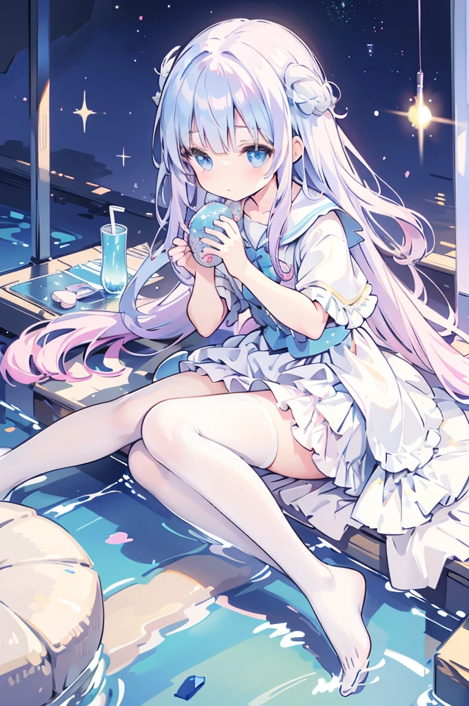 mermaidモチーフのMagical girl、Highest quality、Loriータ、Confused eyes、、small、Lori、Young Girl、Water Manipulation Magic、水を司るMagical girl、beautiful girl、cute、Full-body portrait、light blue、Have a koto、Playing the lyre、Clear eyes、pose、Magic Exercises、mermaid、Magical girl