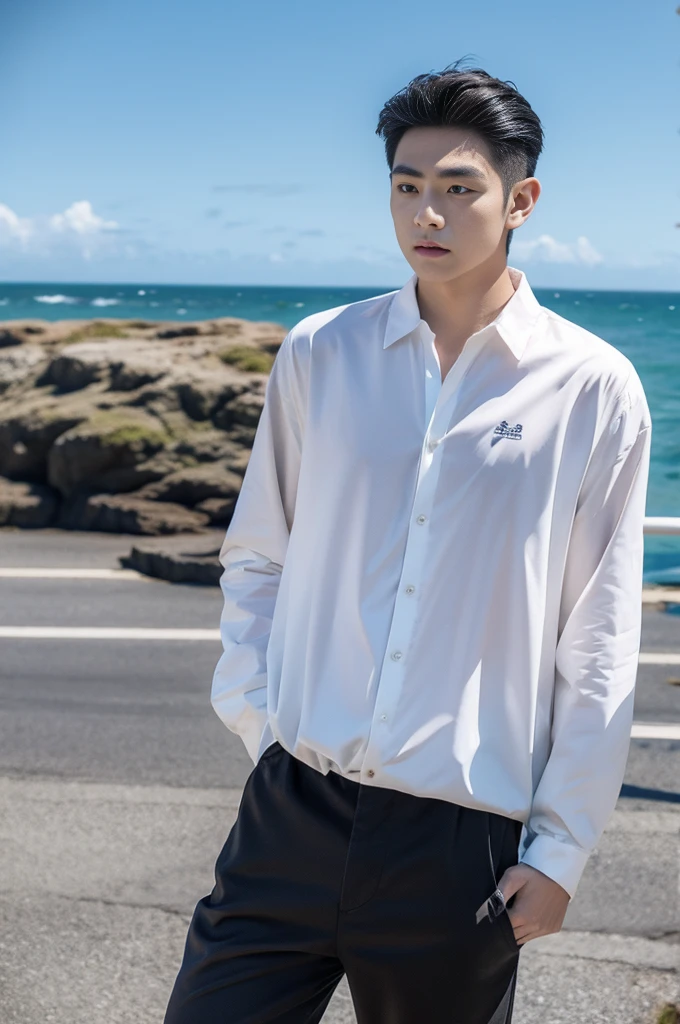 A young man in a shirt stood by the sea with a serious expression., looking into the distance，Eyebrows frowned.，He looked worried.，Turn your head slightly.，Cloudy day