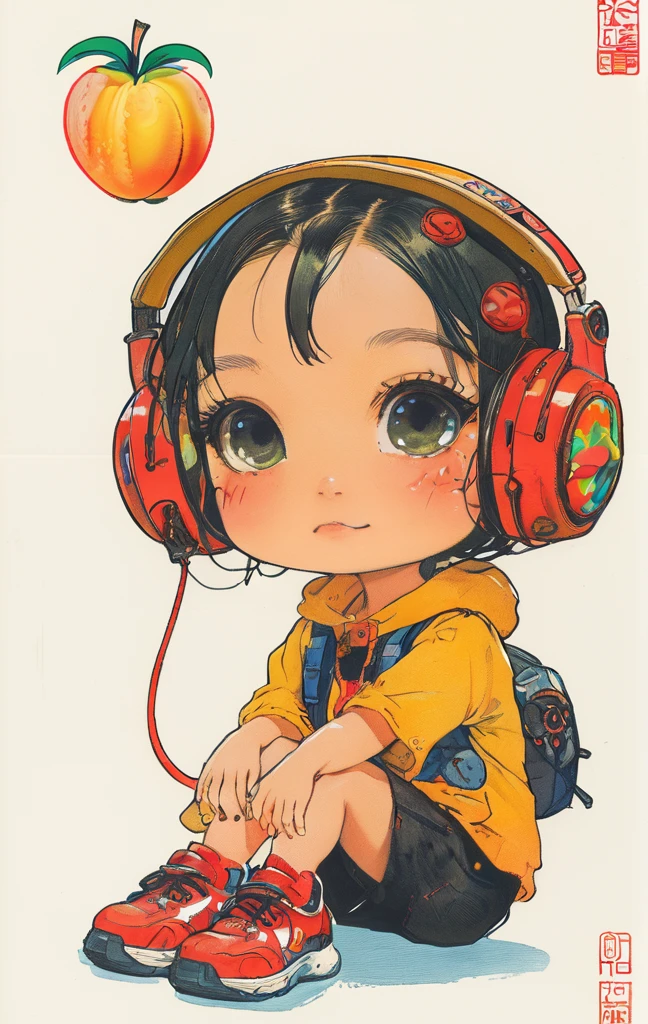 On a bright red campus"YES"Character、Girl personifying a mango、Cute、Chibi、Mango pulp、masterpiece、yellow background、psychedelic