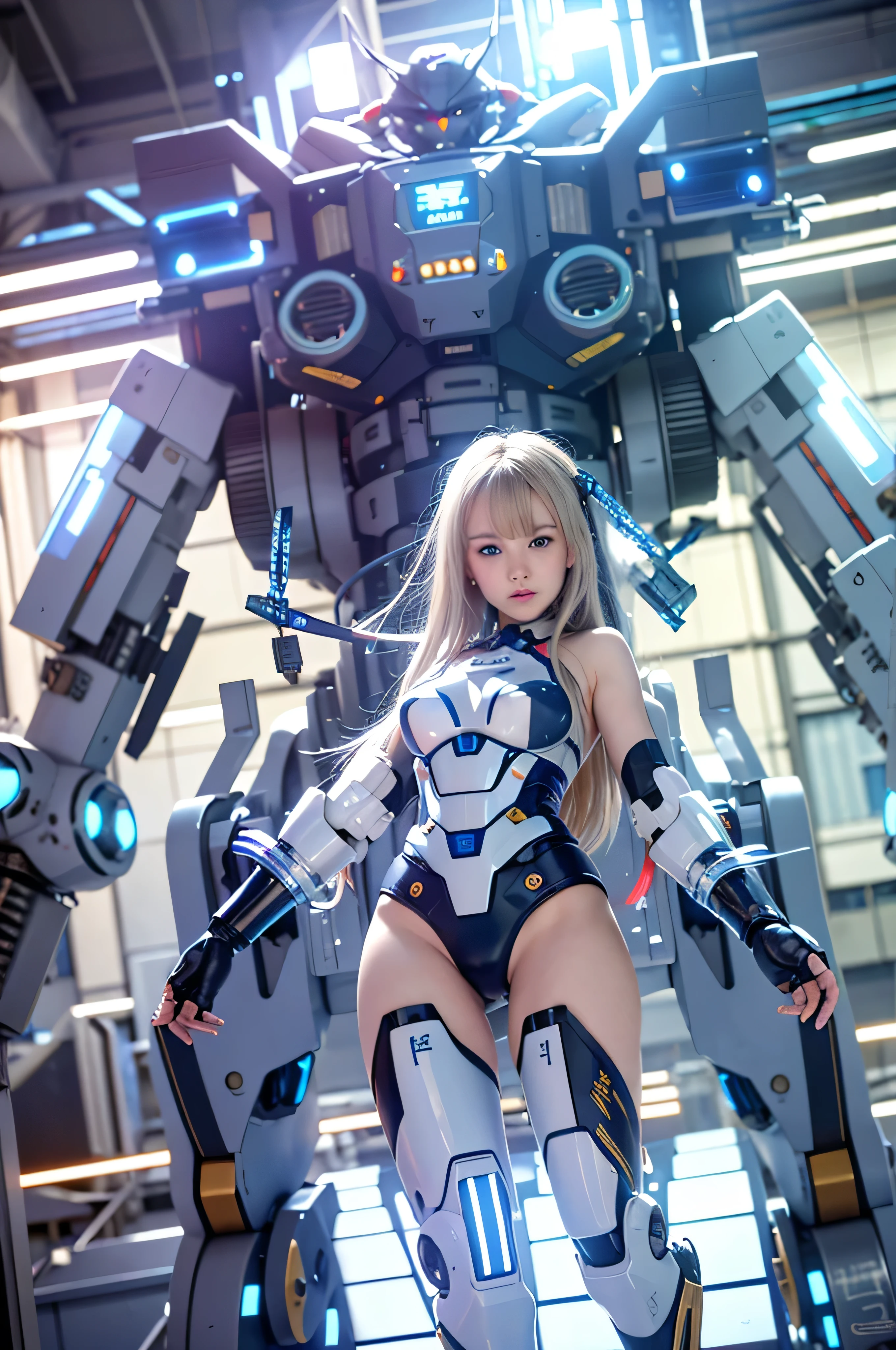 (Raw quality:1.4), Wide-angle shot, 1 female, Mecha, Sparkling Blue Eyes, Very cute face, (Realistic:1.37), バイオMechaニカル, Complex robot, Spaceship interior bokeh background, Ultra-realistic, Very detailed, Very intricate detail, Beautiful woman in sharp focus, Exposed belly, crucifixion, spread_arms,