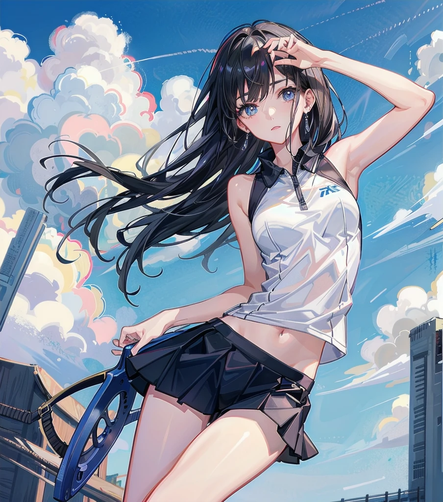 absurdres, RAW photo, extremely delicate and beautiful, masterpiece, Best Quality, ultra high resolution, 32k, hyperrealistic, ultra-detailed, perfect anatomy, super Detailed skin, perfect figure, Japanese woman, late 20s, very Slim body, narrow waist, very small head, handsome detailed woman, very detailed eyes and face, realistic face proportions, Stunning detailed eyes, Realistic beautiful face, very small face, Realistic small beautiful eyes, tearful mole, earring, beautiful and very thin legs, beautiful and very thin thighs, (very huge round breasts), medium hair, black hair, whole body shot, ((Tennis Uniform)), shorts, ((outdoor)),