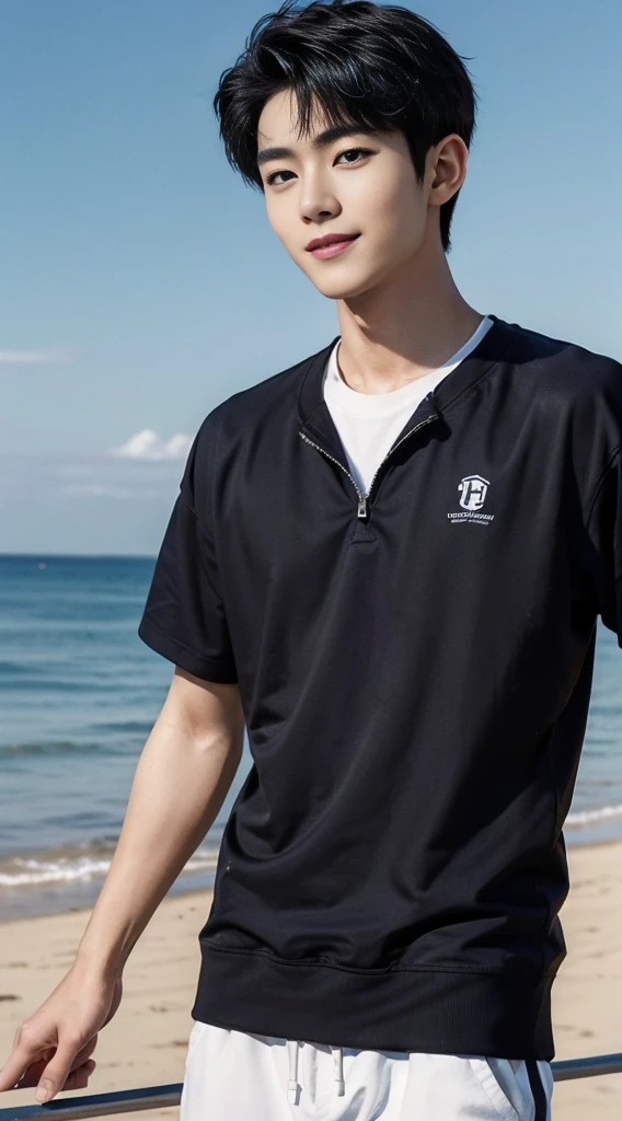 (As a matter of fact, Masterpiece, 8k HD, good light quality, sportswear, fit the face, complicated details), Handsome Korean young man, 20 years old, be happy, smile brightly, detailed face, delicate eyes, มองดูsky, Wear casual clothes, period, black eyes, Black hair color, ผมsmooth, smooth, outdoor sports, By the sea, Sunny,sky,Surreal,Awesome details,Highest quality,real,