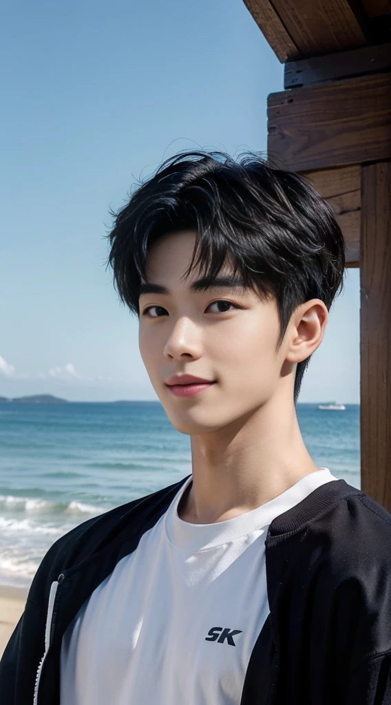 (As a matter of fact, Masterpiece, 8k HD, good light quality, sportswear, fit the face, complicated details), Handsome Korean young man, 20 years old, be happy, smile brightly, detailed face, delicate eyes, มองดูsky, Wear casual clothes, period, black eyes, Black hair color, ผมsmooth, smooth, outdoor sports, By the sea, Sunny,sky，Surreal，Awesome details，Highest quality，real，
