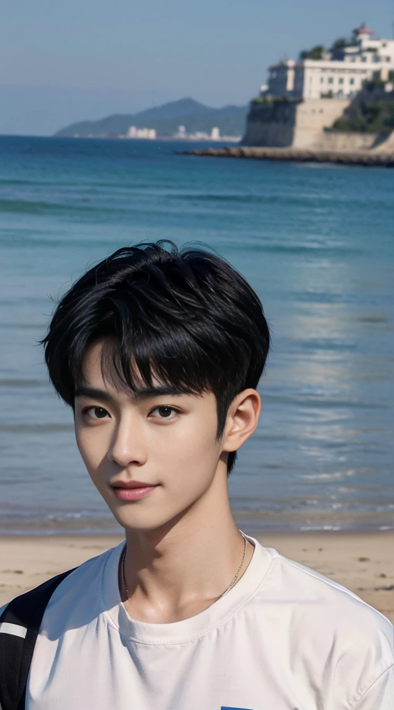 (As a matter of fact, Masterpiece, 8k HD, good light quality, sportswear, fit the face, complicated details), Handsome Korean young man, 20 years old, be happy, smile brightly, detailed face, delicate eyes, มองดูsky, Wear casual clothes, period, black eyes, Black hair color, ผมsmooth, smooth, outdoor sports, By the sea, Sunny,sky,Surreal,Awesome details,Highest quality,real,