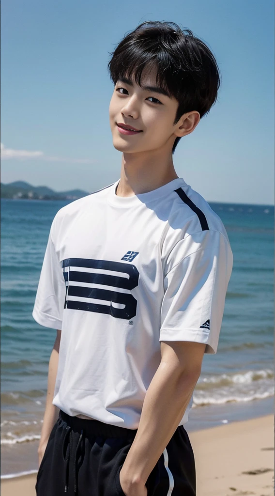 (As a matter of fact, Masterpiece, 8k HD, good light quality, sportswear, fit the face, complicated details), Handsome Korean young man, 20 years old, be happy, smile brightly, detailed face, delicate eyes, มองดูsky, Wear casual clothes, period, black eyes, Black hair color, ผมsmooth, smooth, outdoor sports, By the sea, Sunny,sky,Surreal,Awesome details,Highest quality,real,