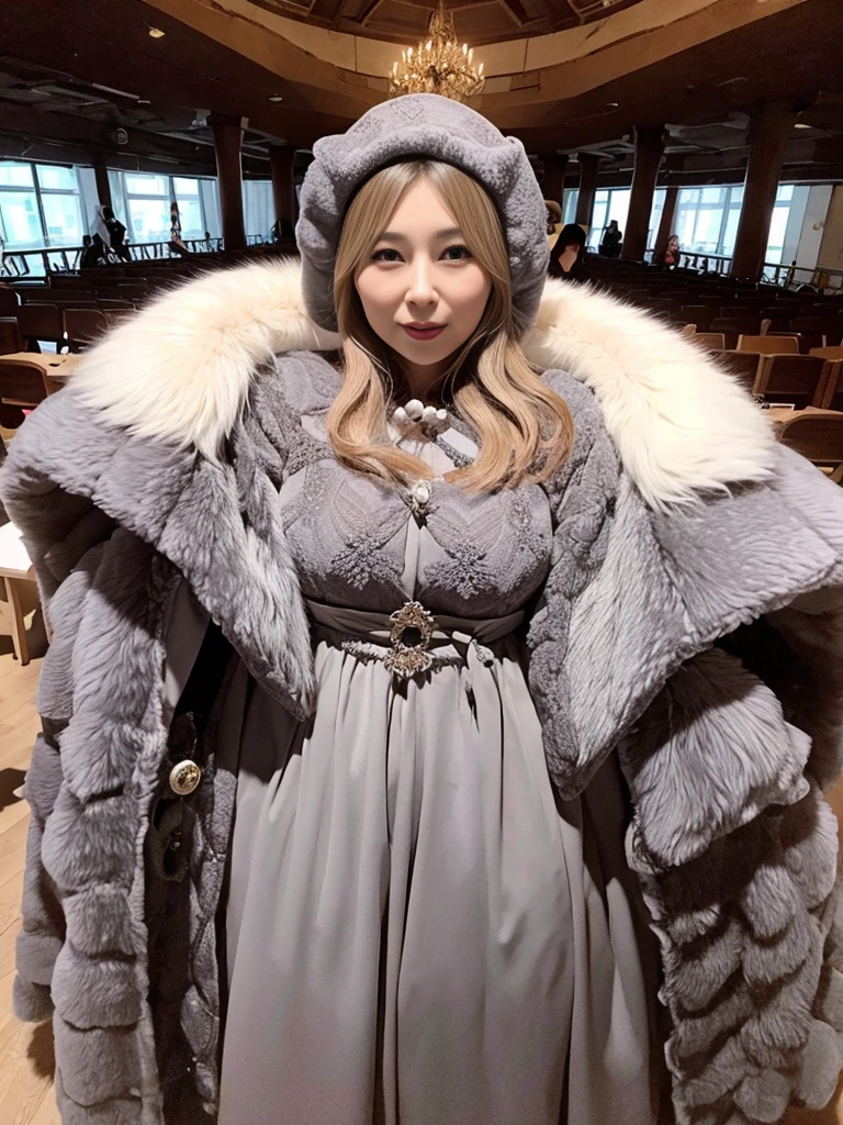 fluffyの毛皮。fluffy。Wedding dressを着た女性たちの写真。Wedding dress、Grey fur cape。Surrounded by fair-skinned adult women。Women wearing fur dresses and veils covering their faces are lined up。Beautiful women in luxurious furs。The dark dungeon of an old stone castle。Fisheye Lens、Fur coat。Multiple women。