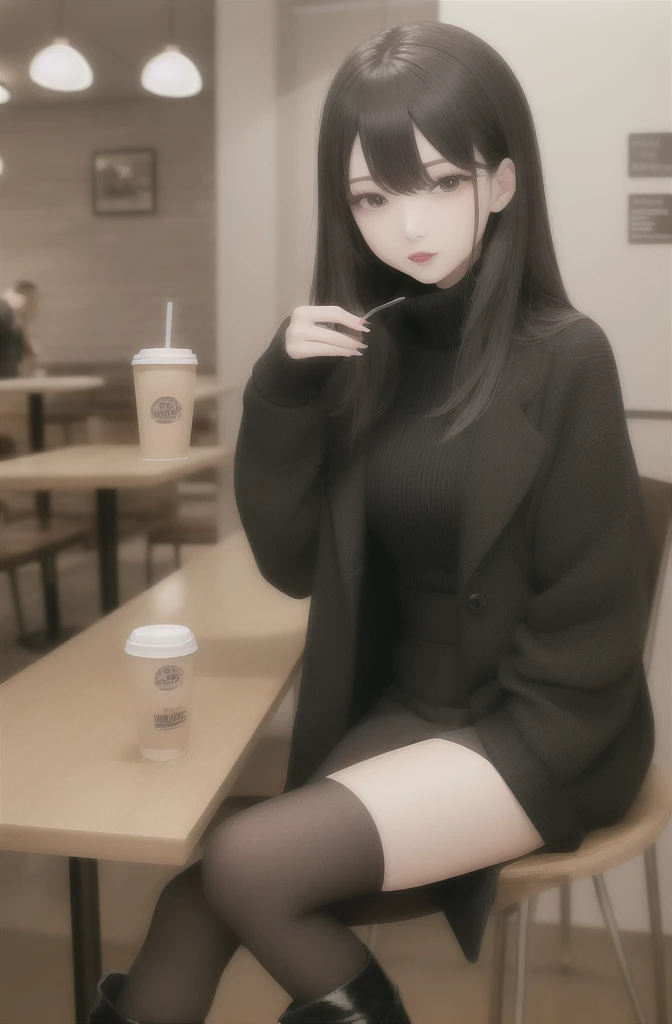 The picture shows a long-haired beauty sitting in a cafe。She was wearing a black coat，Wear a white turtleneck sweater and a black skirt，On the feet is a pair of black boots。Her hair is brown，Slightly curled and hanging on the shoulders。Her makeup is delicate，Especially the color of the lipstick is very eye-catching。Her eyes are a little blurry，Seems to be thinking about something。The cafe in the background is very stylishly decorated，Various decorations hanging on the wall，There is a coffee machine and other beverage utensils on the table。The whole picture gives people a quiet and elegant feeling。