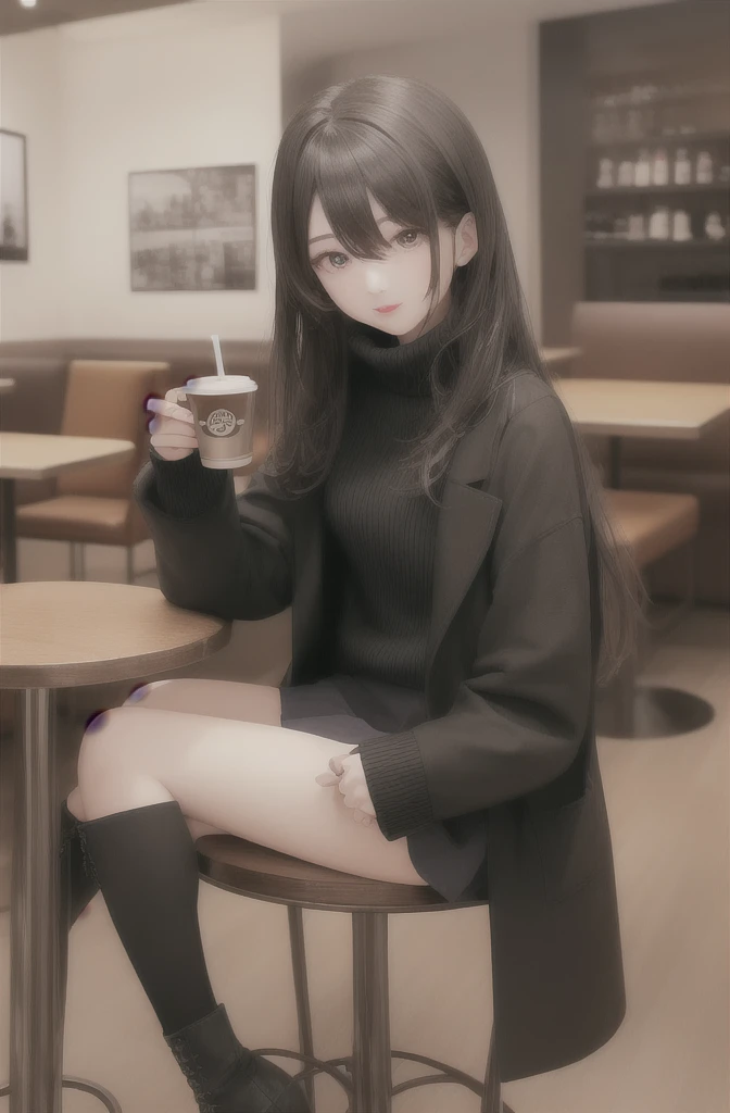 The picture shows a long-haired beauty sitting in a cafe。She was wearing a black coat,Wear a white turtleneck sweater and a black skirt,On the feet is a pair of black boots。Her hair is brown,Slightly curled and hanging on the shoulders。Her makeup is delicate,Especially the color of the lipstick is very eye-catching。Her eyes are a little blurry,Seems to be thinking about something。The cafe in the background is very stylishly decorated,Various decorations hanging on the wall,There is a coffee machine and other beverage utensils on the table。The whole picture gives people a quiet and elegant feeling。