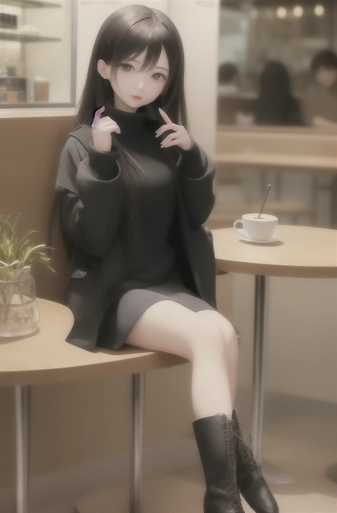 The picture shows a long-haired beauty sitting in a cafe。She was wearing a black coat,Wear a white turtleneck sweater and a black skirt,On the feet is a pair of black boots。Her hair is brown,Slightly curled and hanging on the shoulders。Her makeup is delicate,Especially the color of the lipstick is very eye-catching。Her eyes are a little blurry,Seems to be thinking about something。The cafe in the background is very stylishly decorated,Various decorations hanging on the wall,There is a coffee machine and other beverage utensils on the table。The whole picture gives people a quiet and elegant feeling。