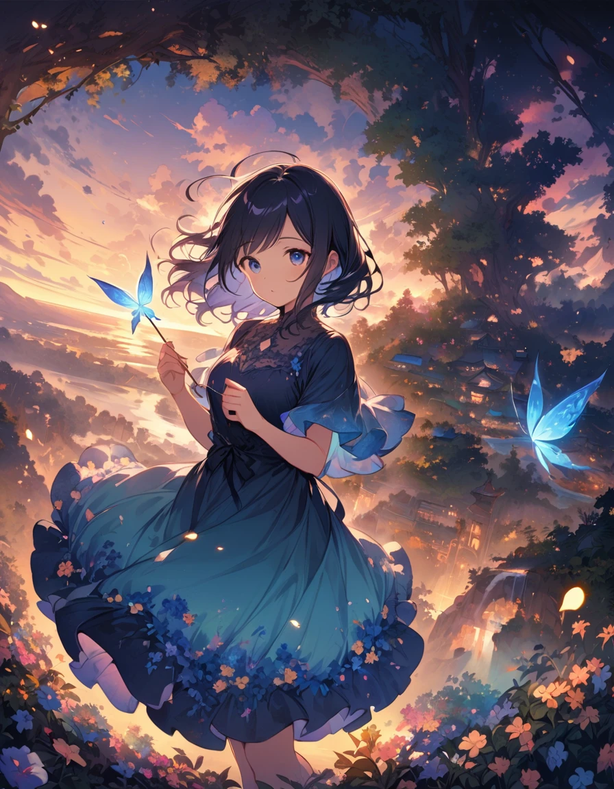 Blue sky, white clouds floating in the distance, a standing on a flower sea, holding a fairy wand in her hand to summon flying fireflies around her. The background is full of large and small cloud flowers, creating an atmosphere of fantasy and dreamy blue tones. In the style of a high definition anime, with high resolution. A panoramic view from above, capturing the vastness of nature. Soft lighting creates a warm feeling. --ar 3:4 --niji 6