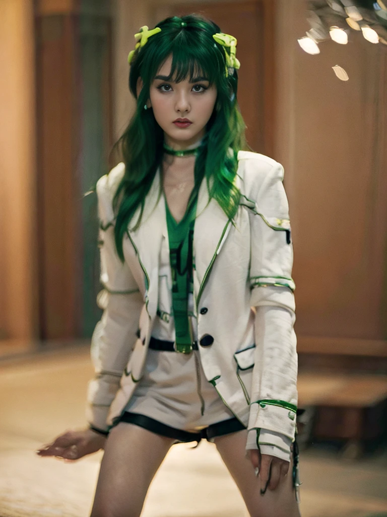 russian girl, fullbody, necklace, jewelry, green hair, red eyeliner, brown eyes, bangs, sexy pose, best quality, masterpiece, wearing suit, an extremely delicate and beautiful, CG, unity, 8k wallpaper, Amazing, finely detail, masterpiece, official art, extremely detailed CG unity 8k wallpaper, incredibly absurdres, huge filesize, ultra-detailed, highres, extremely detailed, beautiful detailed girl, realistic, full frontal, light contrast, completely legs