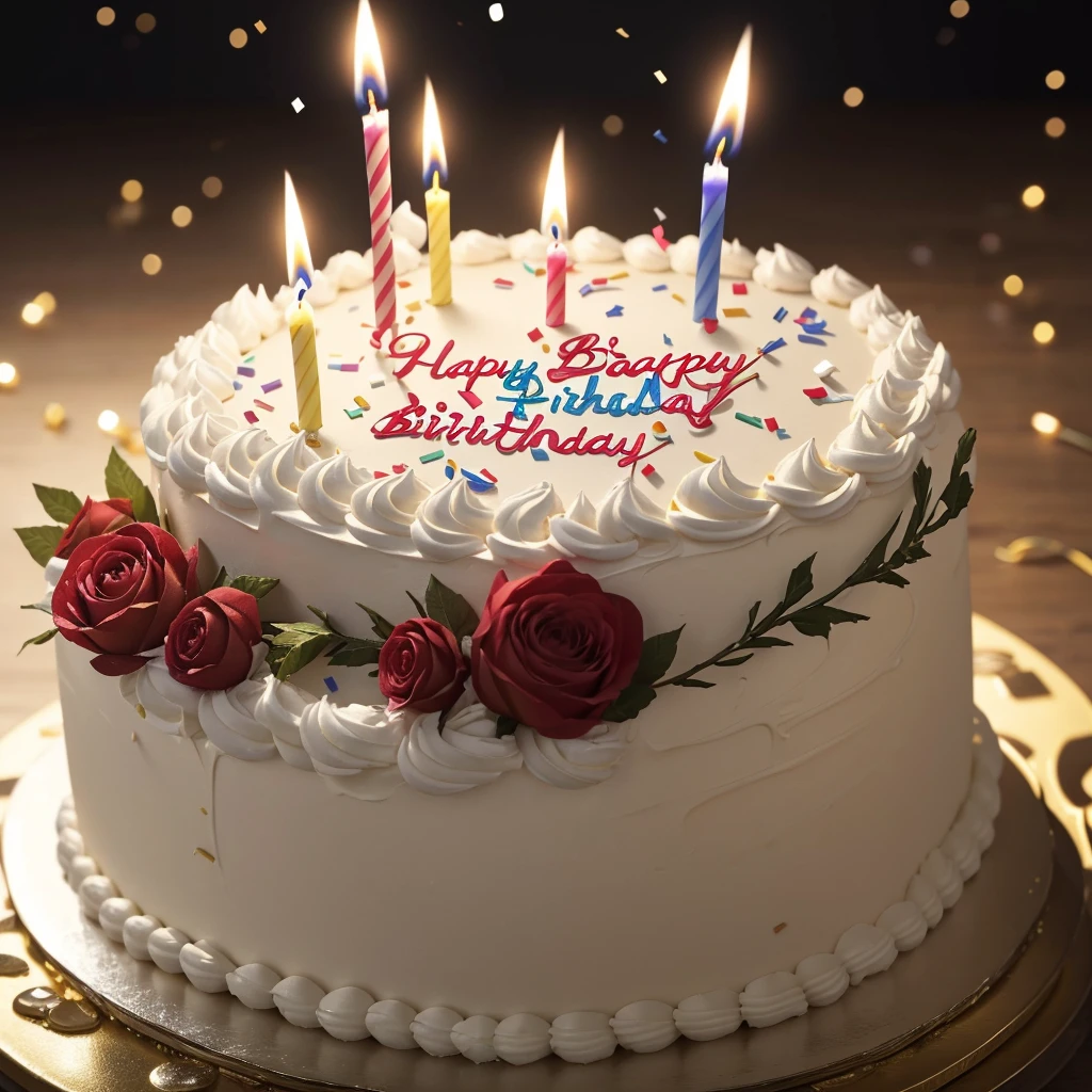 Close-up. Happy birthday !!! A large beautiful birthday cake with many thin candles, festive balls, sparks, lights, confetti, large flower buds. Photorealistic, cinematic. In the style of an oil painting. Blurred background. Light haze.