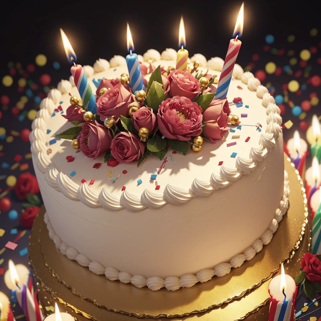 Close-up. Happy birthday !!! A large beautiful birthday cake with many thin candles, festive balls, sparks, lights, confetti, large flower buds. Photorealistic, cinematic. In the style of an oil painting. Blurred background. Light haze.