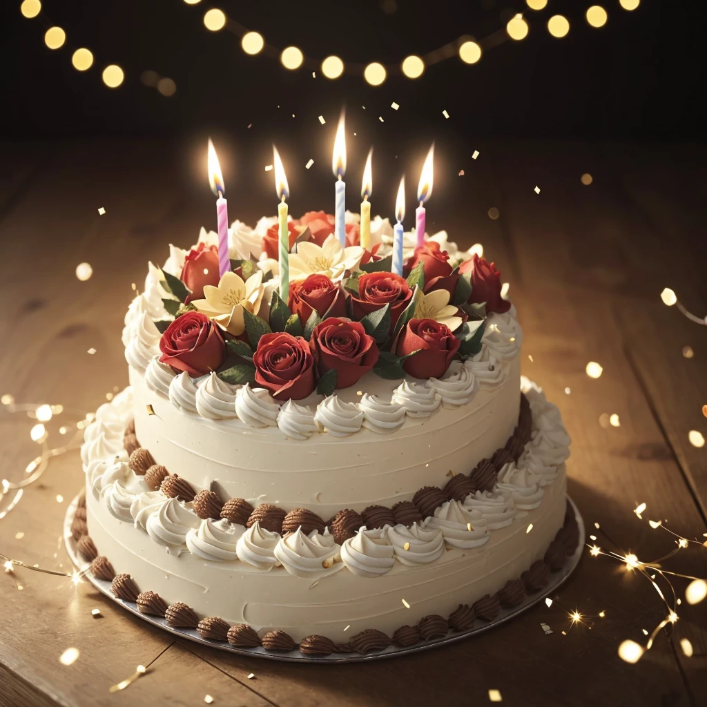 Close-up. Happy birthday !!! A large beautiful birthday cake with many thin candles, festive balls, sparks, lights, confetti, large flower buds. Photorealistic, cinematic. In the style of an oil painting. Blurred background. Light haze.