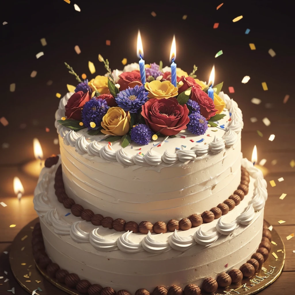 Close-up. Happy birthday !!! A large beautiful birthday cake with many thin candles, festive balls, sparks, lights, confetti, large flower buds. Photorealistic, cinematic. In the style of an oil painting. Blurred background. Light haze.