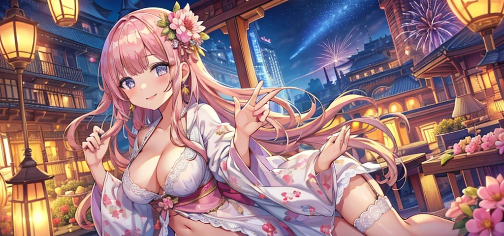 Masterpiece、Highest quality、Super detailed、1 girl、Light pink hair、Fluffy and soft long hair、Starry eyes、Big Tits、Cleavage、Too big breasts、yukata、Wide open chest、firework、Night Sky、smile、Lace cape、Earrings、garter belt、Belly button
