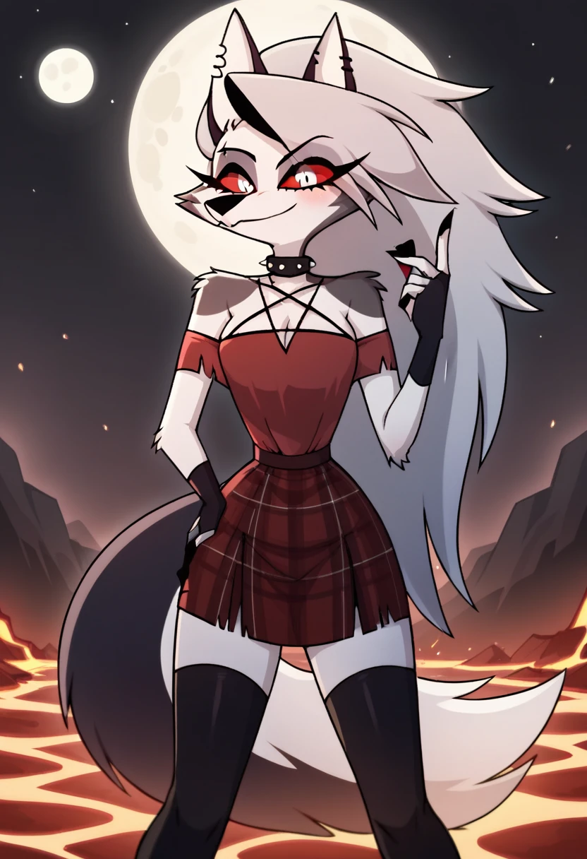 score_9, score_8_up, BREAK, source_anime, (1girl, solo), uncensored, perfect body, slim, thigh highs, fingerless gloves,
anthro, furry, pose, cleavage, blush, evil smirk, hell, lava, buildings in background, full moon, sexy pose, sexy red gown
Loona \(Helluva Boss\),