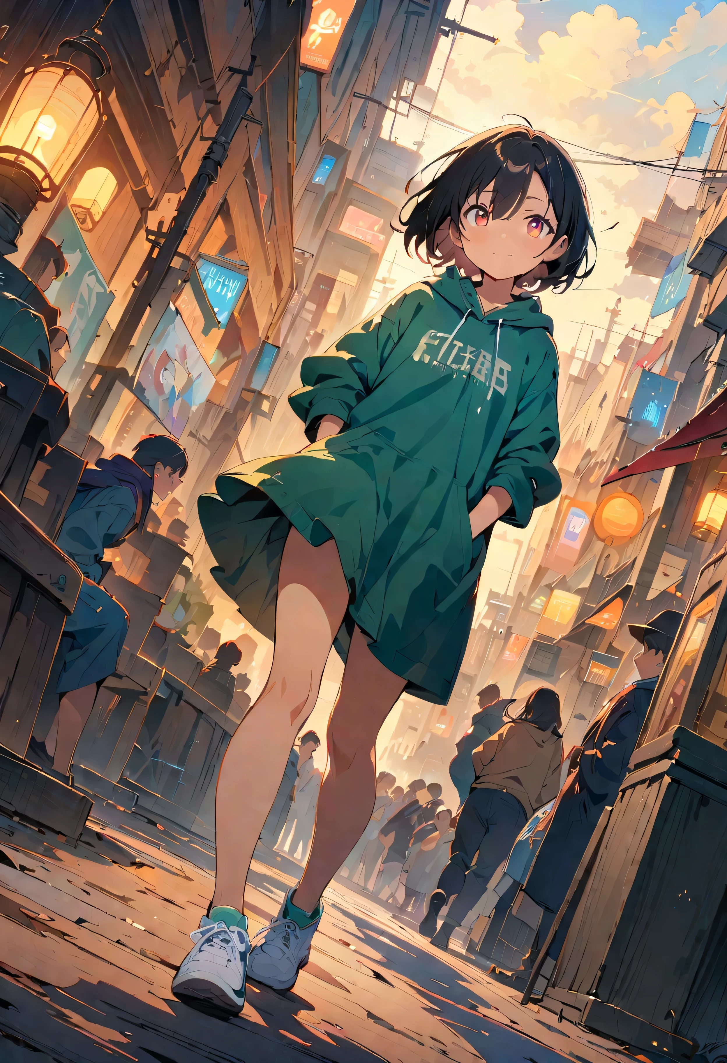 (masterpiece, Highest quality, Official Art:1.2), Perfect Anatomy, Looking at the audience, One Girl, alone,  Ultra-fine illustrations, Very detailed, Dynamic Angle, Beautiful details, 8K, Anime Style, (Shining Eyes, More beautiful face), break,Dynamic Angle, Full Body Shot, break smiling amidst the カラフル scenes, , Center parted short bob, hair between eyes, forehead