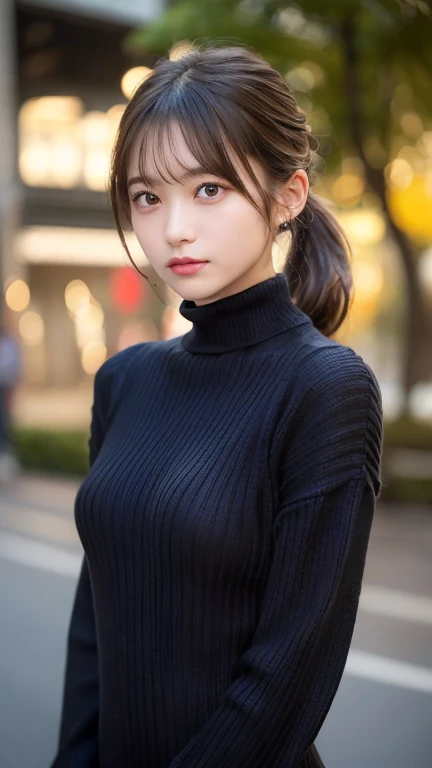 (masterpiece:1.5)、(Realistic:1.5)、(Highest quality:1.4、8K、RAW Photos)、
Ultra-high resolution、Professional Lighting、Perfect dynamic composition、Outdoor shooting、Photograph the upper body、
Film Grain、chromatic aberration、(Bokeh:1.1)、Blur the background、
Frank、Sophisticated、charm、Surreal、High detail、Golden Ratio、Perfect Anatomy、
(1 Girl)、Slender girl、繊細でcharm女の子、Cute Woman:1.4、
Serious expression、Looking at the audience、
Light brown hair、Shiny Hair、(Hairstyle: Ponytail)、
Realistic looking skin、
Shut your mouth.、Beautiful Eyes、double eyelid、Thin arms、、
(She is wearing a black turtleneck knit sweater dress.:1.4)