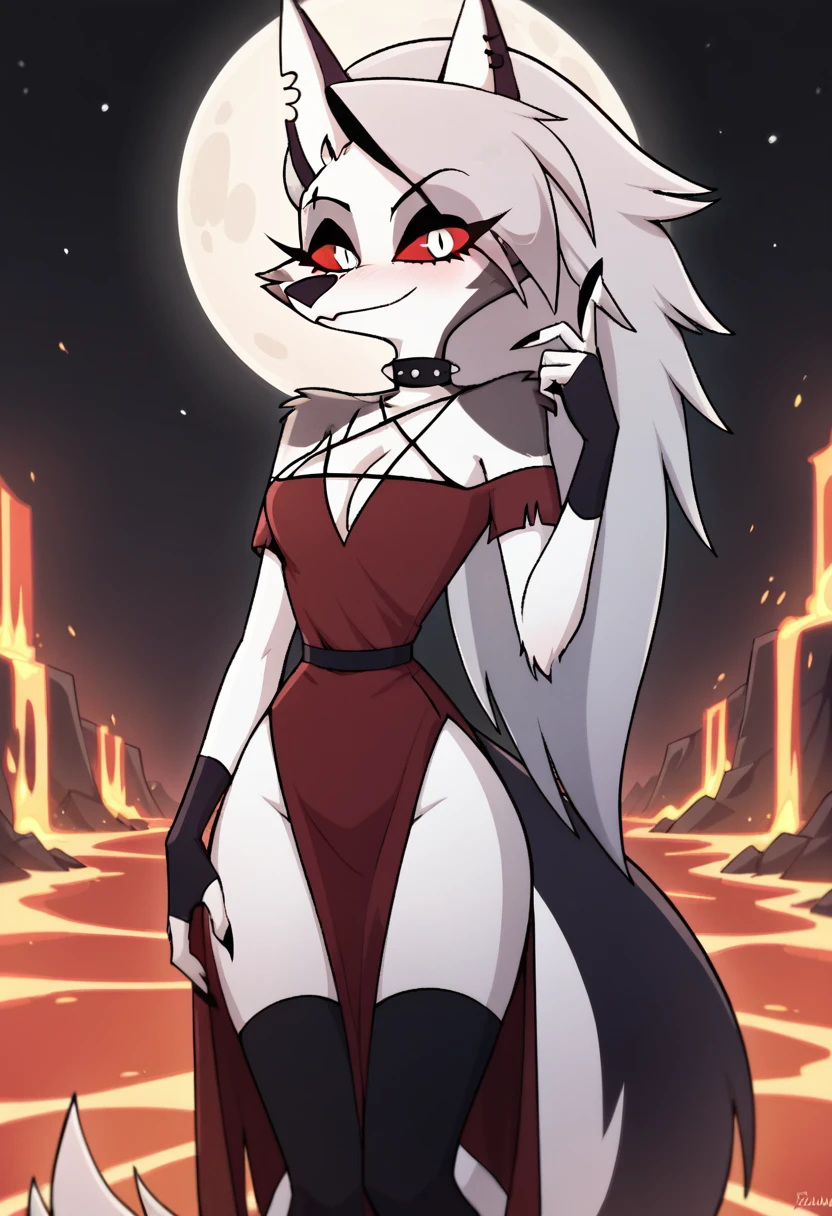 score_9, score_8_up, BREAK, source_anime, (1girl, solo), uncensored, perfect body, slim, thigh highs, fingerless gloves,
anthro, furry, pose, cleavage, blush, evil smirk, hell, lava, buildings in background, full moon, sexy pose, sexy red gown
Loona \(Helluva Boss\), 