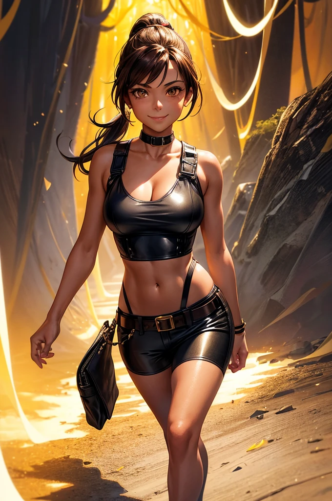 Creating an illustration of a girl in her thirties, short brown ponytail, golden eyes, tanned skin, no breasts. smiling expression - she's wearing a leather harness, white sleeveless t-shirt, black fabric short, leather belt, make full body - she's walking in a night forest - digital art style