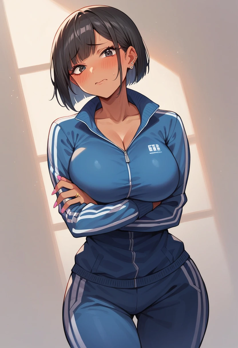 ((sexy girl ,gyaru))nsfw,glamorous, bob cut black hair,glamorous, voluptuous, curvy, embarrassed, flushed, tracksuit