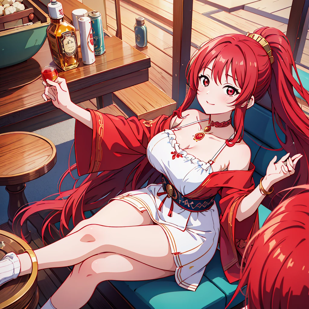 Crossing your legs, Anime style painting, An illustration, Liquor, バーに座ってカクテルを飲むwoman, look return, return, 背景の棚には多彩な色のLiquor瓶が並んでいる, Quiet bar, Calm expression, Perfect hands, elder, Redhead, Dignity at 50, ほろ酔いのwoman, alone、(Highly detailed returnground:1.0)、(Highly detailed returnground:1.0)、masterpiece、Highest quality、(Babes)、Fractal Art、Red eyes、Narrow eyes、Black and red dress, Reddish lips、From the shoulders up、smile、一人のwoman、Red Long Ponytail, Curly Hair, Red eyes,Golden accessories, alone, Big Breasts, woman, Take-out, Provocative laughter,40 year old woman,Queen of Sadism, Highly detailed returnground, Perfect Human Medicine,
