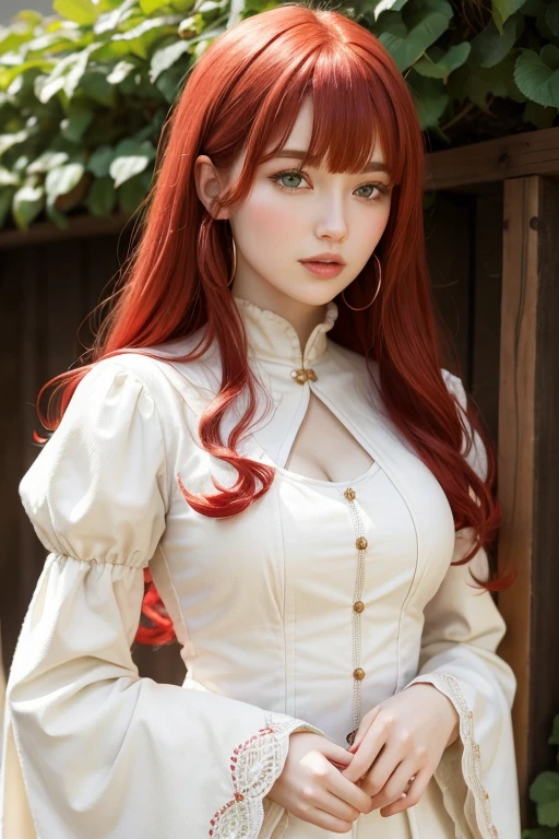 The blouse is securely fastened with white buttons、Black long skirt