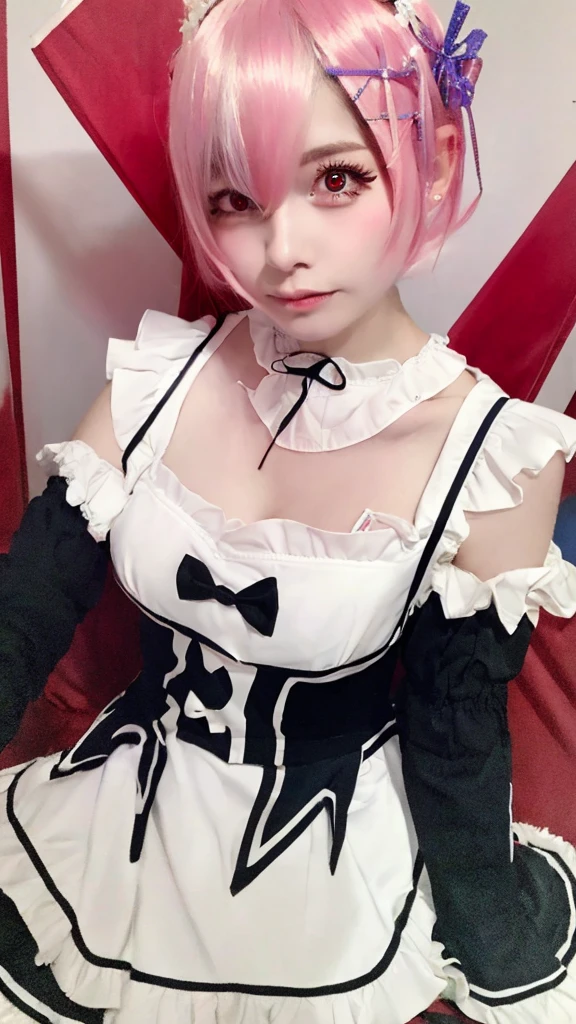masterpiece, best quality, highres, ram1, 1girl, solo, ram \(re:zero\), pink hair, white thighhighs, short hair, red eyes, hair over one eye, ribbon trim, hair ribbon, x hair ornament, frills, maid headdress, waist apron, garter straps, black ribbon, small breasts, long sleeves, white apron, neck ribbon, purple ribbon, wide sleeves, hair flower,