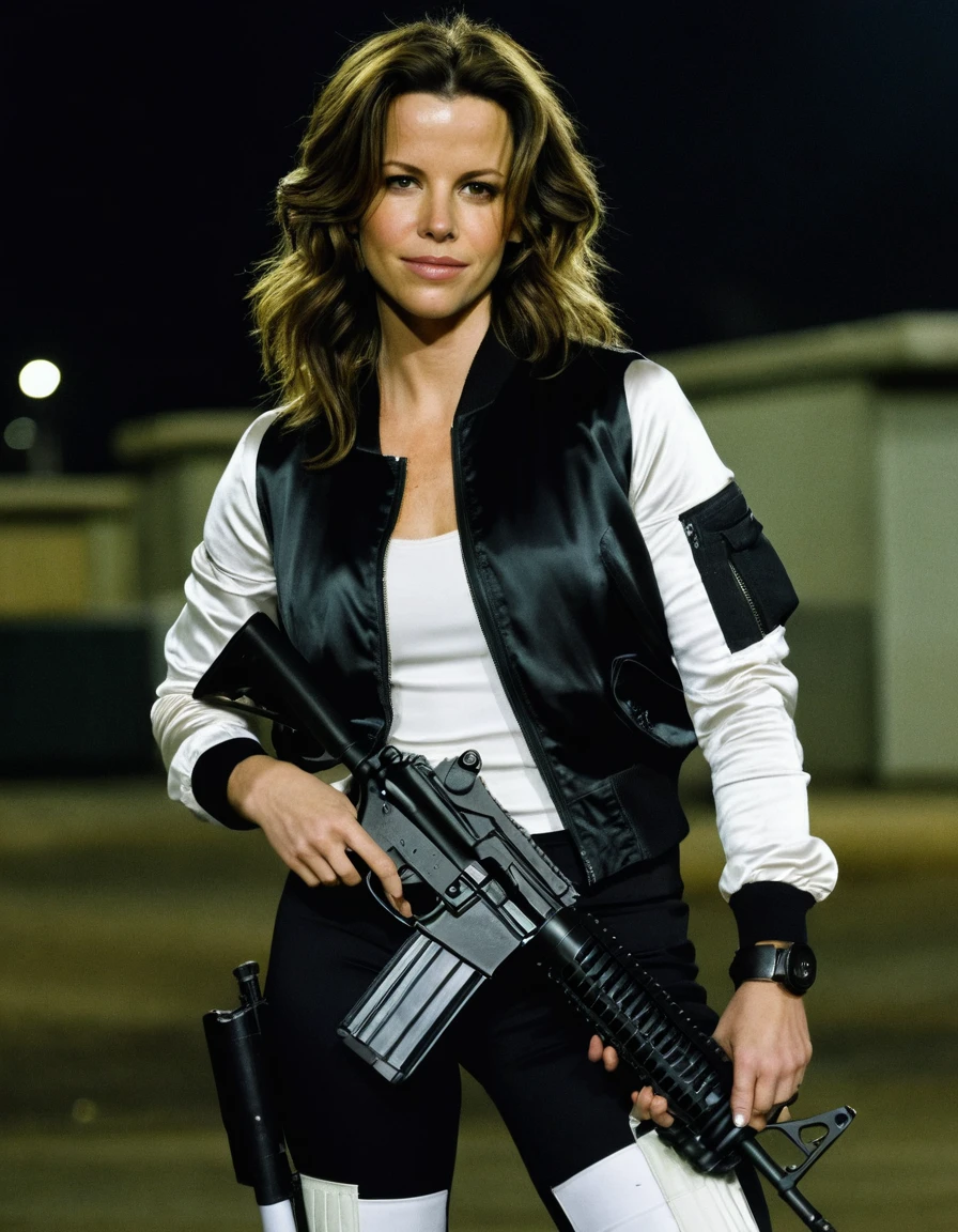 cinematic photo, young kate_beckinsale, beaming smiling, as a female soldier, very long hair, smirk on face, wearing a two-tone black and white satin bomber jacket,  matching satin pants, m16, rifle, holding m16 rifle with both hands, series, gun, (Snake plissken) (solid snake) (metal gear solid),, suburban neighborhood at night