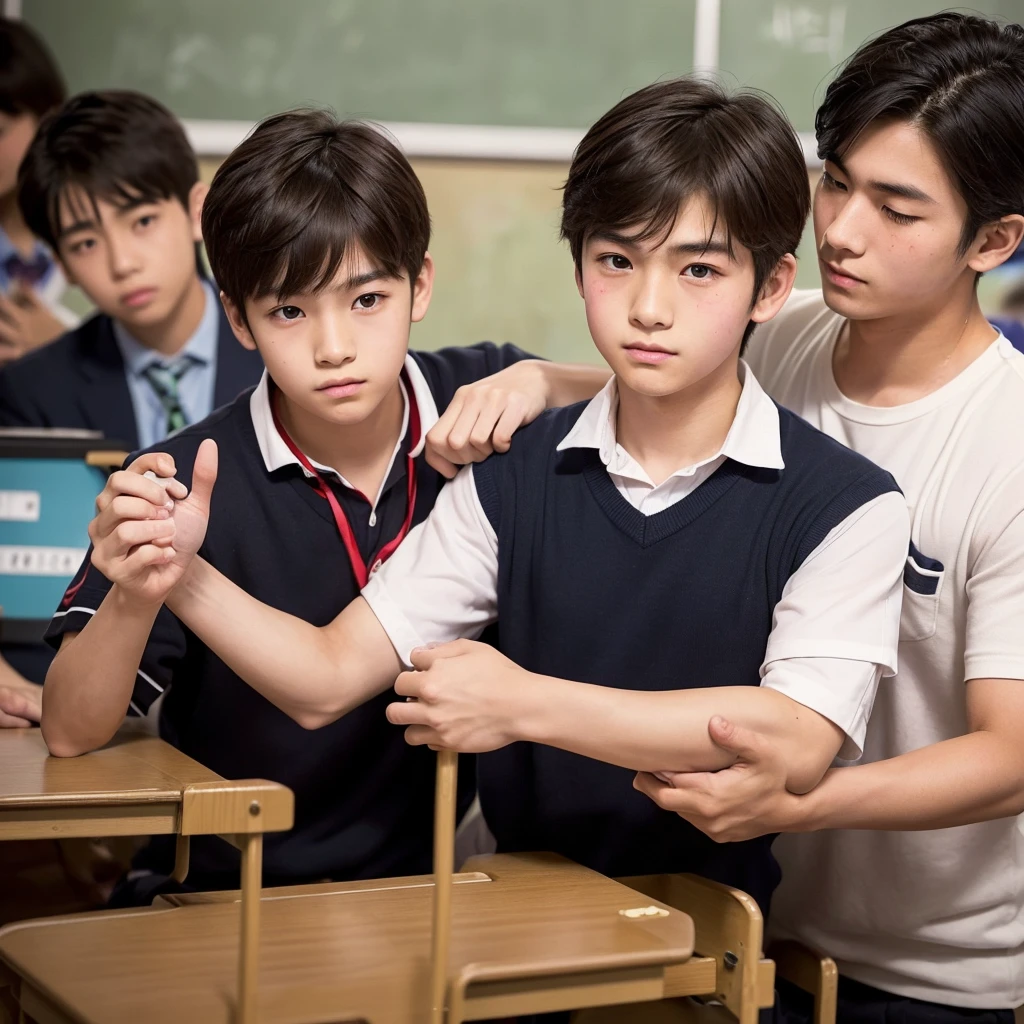 Boys sit in a classroom wearing uniforms with black pantyhose, socks and shoes