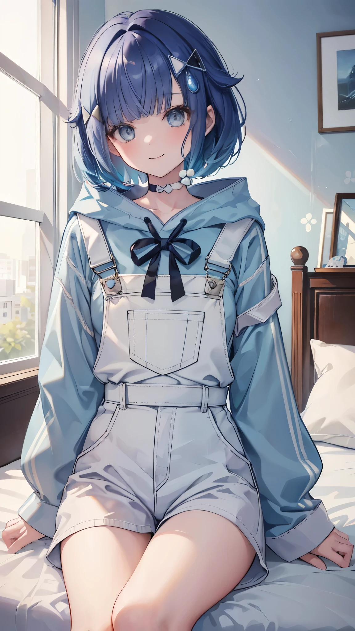 (masterpiece、Highest quality、Very detailed))、One Girl、Tsumugi Kokage、short hair、Blue Hair、hair ornament、Grey Eyes、smile、Moderate breasts、((light blue Jersey))、hoodie、overalls、Cowboy Shot、Sit on the bed、Bedroom Background
