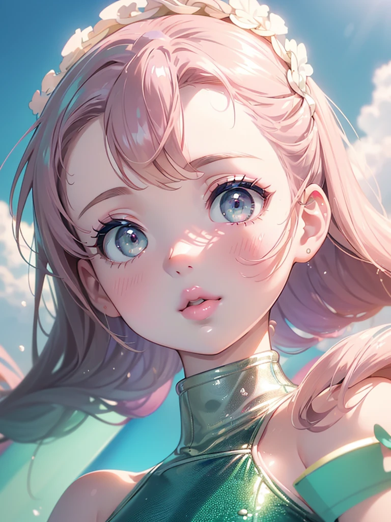 Highest quality、High resolution、Detailed Background、(Beautiful face in every detail:1.4)、Anatomically correct、(Detailed facial expressions)、(fine grain:1.2)、Teenage Beauty、One Girl、Cute hair color、Beautiful, clear sapphire blue eyes、Braided Ponytail、Braided bob cut、primary school, Junior competitive swimmer, ((Turtleneck one piece swimsuit)), (Simple design without patterns), ((Clear metallic green swimsuit)),　(natural make up:1.5), (pink lips:1.5), (full lips:1.5), (parted_lips), Outdoor swimming pool、My hair is dancing in the strong wind、Watching the audience、Hands don't hold anything、Smiling Quietly、((Face close-up))