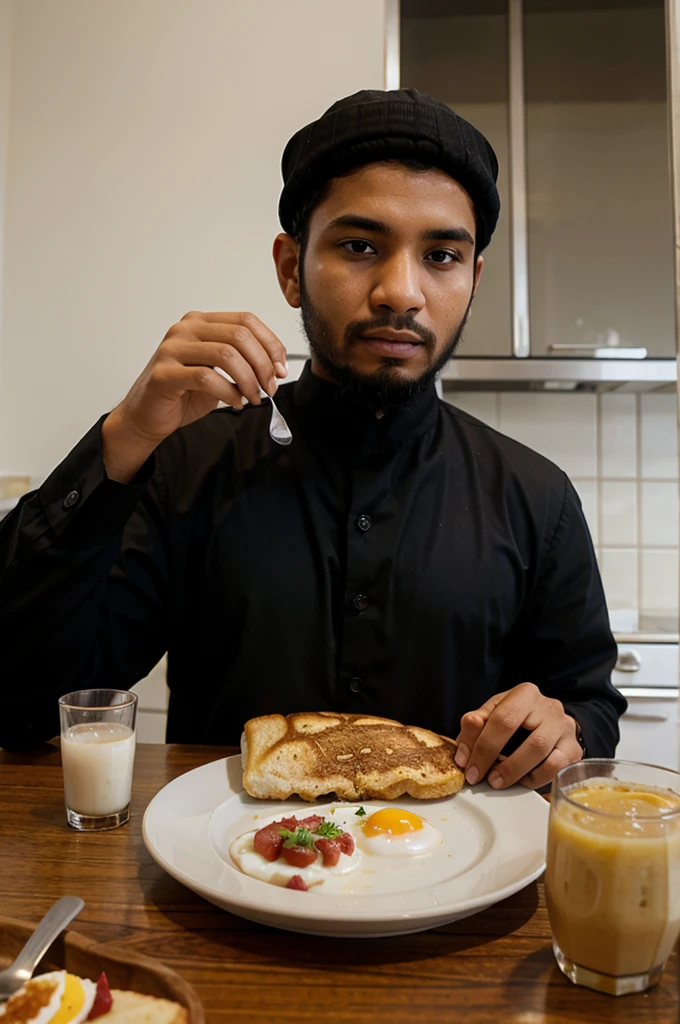 A Muslim is having breakfast