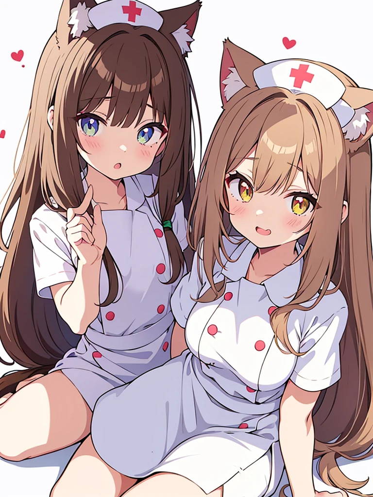 An anime girl with cat ears and a cat tail, dressed as a nurse. She has long, straight light brown hair that falls softly over her shoulders.. His eyes are large and emerald in color., full of sweetness and empathy. Las orejas de gato son esponjosas y the same color as your hair, with slightly darker tips.She wears a white nurse's uniform with pink trim., a white apron with a small pink bow on top, and a nurse's hat with a red cross. Her cat tail is long and fluffy, the same color as your hair, and curves gracefully behind her.He is standing in a bright hospital room, with a kind expression and a slight smile. In one hand he holds a tray with medical supplies, while the other hand is raised in a greeting gesture. Around it, there are details like a hospital bed, a small table with flowers and a window where the sunlight comes in.