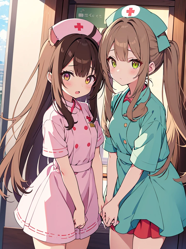 An anime girl with cat ears and a cat tail, dressed as a nurse. She has long, straight light brown hair that falls softly over her shoulders.. His eyes are large and emerald in color., full of sweetness and empathy. Las orejas de gato son esponjosas y the same color as your hair, with slightly darker tips.She wears a white nurse's uniform with pink trim., a white apron with a small pink bow on top, and a nurse's hat with a red cross. Her cat tail is long and fluffy, the same color as your hair, and curves gracefully behind her.He is standing in a bright hospital room, with a kind expression and a slight smile. In one hand he holds a tray with medical supplies, while the other hand is raised in a greeting gesture. Around it, there are details like a hospital bed, a small table with flowers and a window where the sunlight comes in.