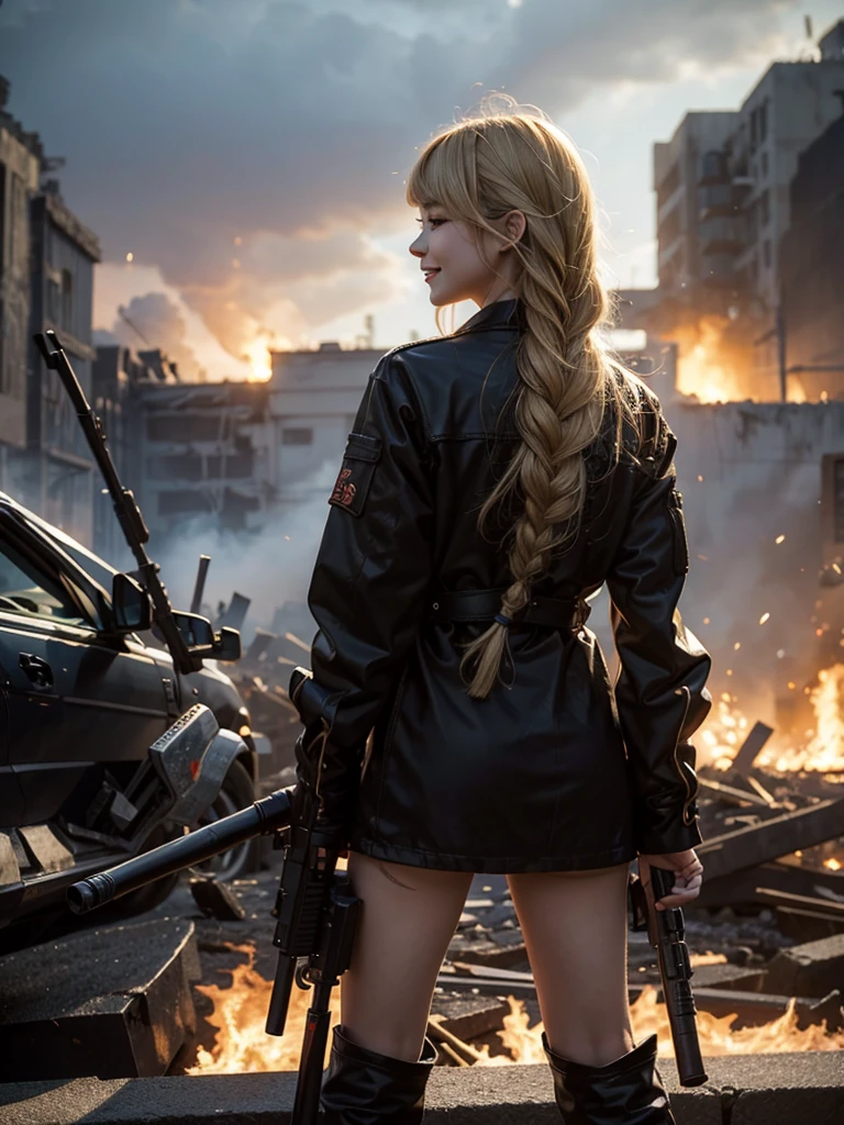 (Top quality,Ultra HD,Lifelike:1.4)(Cowboy Shooter 1),Beautiful armed girl,(K-pop idol),Detailed face,opposition,Perfect anatomy,Smooth skin,Professional lighting,(穿着红色fire焰图案超短连衣裙,Red high heels,blond,Close-up of a girl with two short braids),Victory in battle,Victorious smile(background,Destroyed buildings,fire,(Huge explosion)),Turn your back to the audience,Full body close-up,(Possession of weapons,持有步gun,Purpose,Purpose,Purpose:1.2),gun,H&k hk416,马gun,fire,