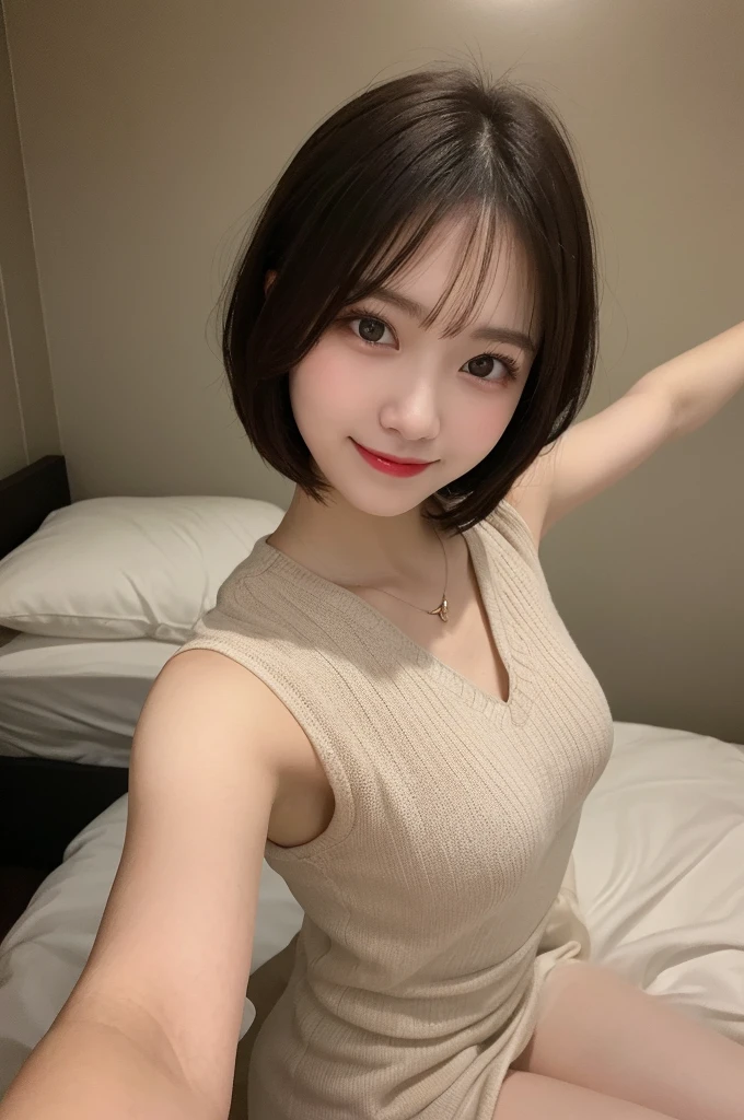 Selfie、On the bed、 Wear warm clothes、indoor、Very short hair、Berry Shortcut、Highest quality, figure, Super detailed, In detail, High resolution, 8k wallpaper, Perfect dynamic composition, Beautiful attention to detail, dress,Medium Hair, Small breasts、Natural color lip, Random sexy poses,smile,24-years-old
